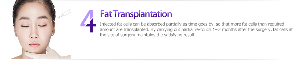 4Fat Transplantation, Injected fat cells can be absorbed partially as time goes by, so that more fat cells than required amount are transplanted. By carrying out partial re-touch 1~2 months after the surgery, fat cells at the site of surgery maintains the satisfying result. 